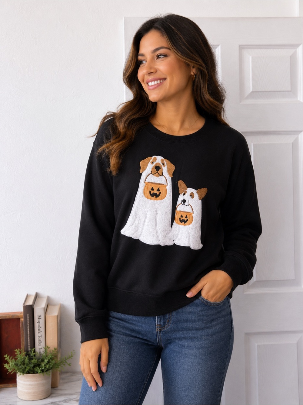 Janie and Jack Halloween Dog Ghost Sweatshirt Black Pullover Women’s Medium